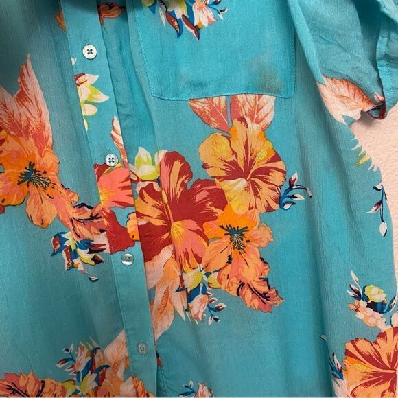 A.N.A. Aqua blue Hawaiian Tropical Button Up rayon lightweight blouse top L - Picture 5 of 8